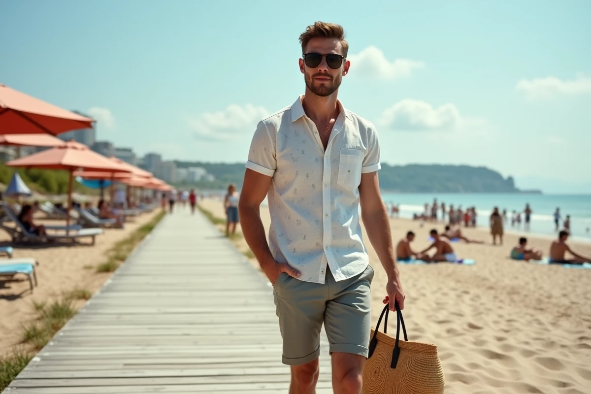 Jeune homme ajustant un sac de plage sur la jetée