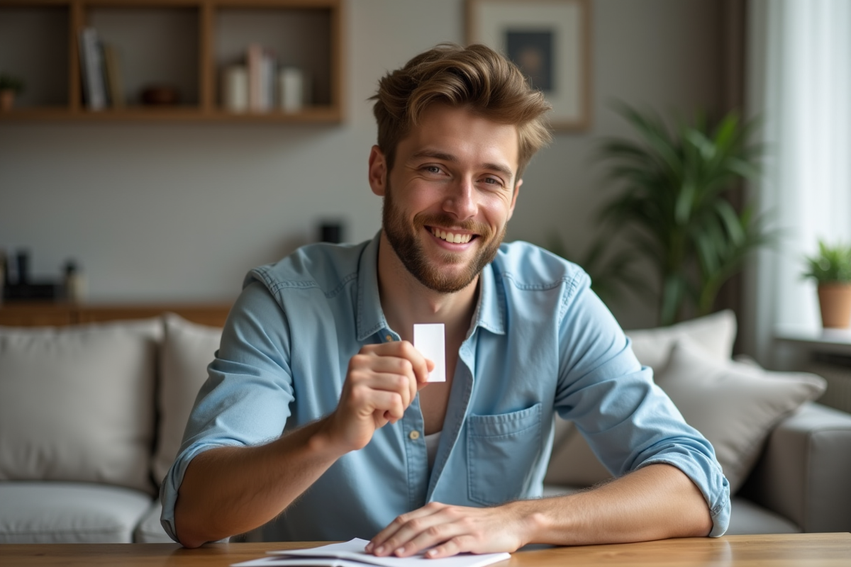 Jeune homme sentant un parfum dans un salon cosy