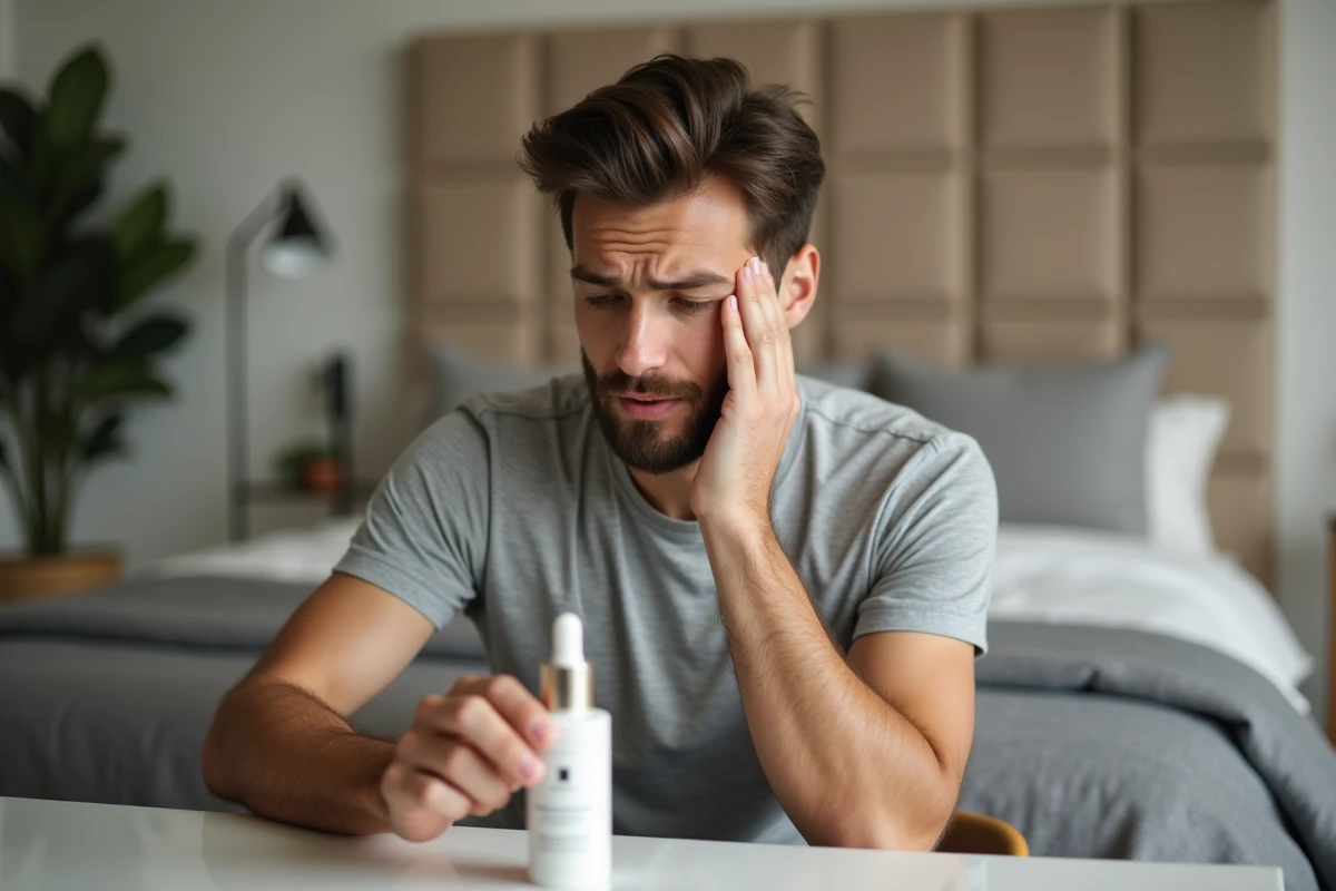 Jeune homme examinant un serum sur sa table de nuit