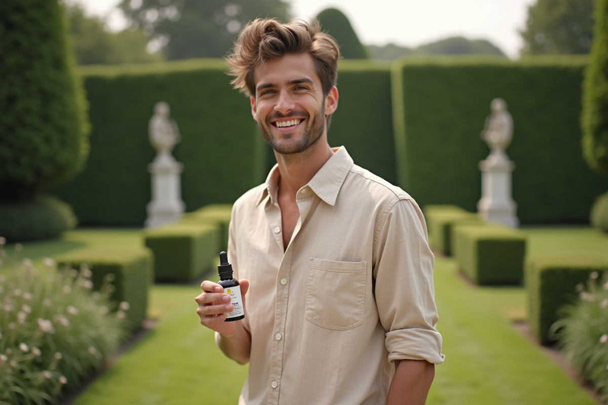 Jeune homme français dans un jardin avec serum visage
