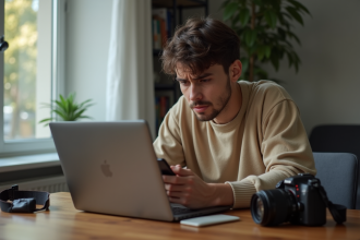 Jeune influenceur fatigué seul dans une pièce lumineuse regardant notifications
