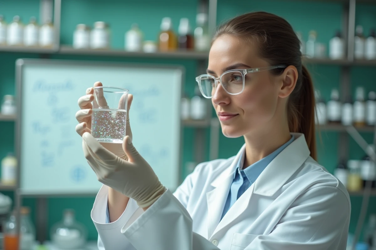 Chimiste en laboratoire analysant une essence cosmétique innovante dans un bécher en verre