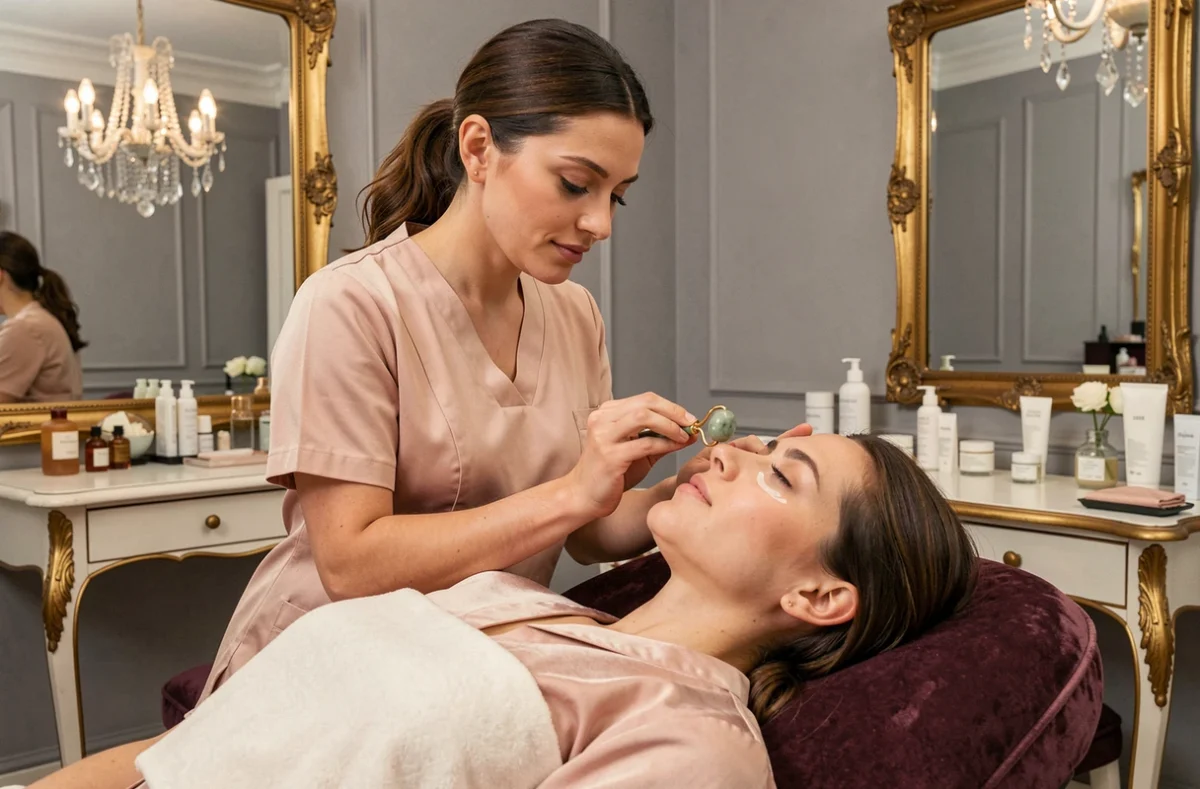 Esthéticienne appliquant un soin contour des yeux avec un rouleau en jade sur une cliente dans l'élégant cadre de Madamez Institut à Paris