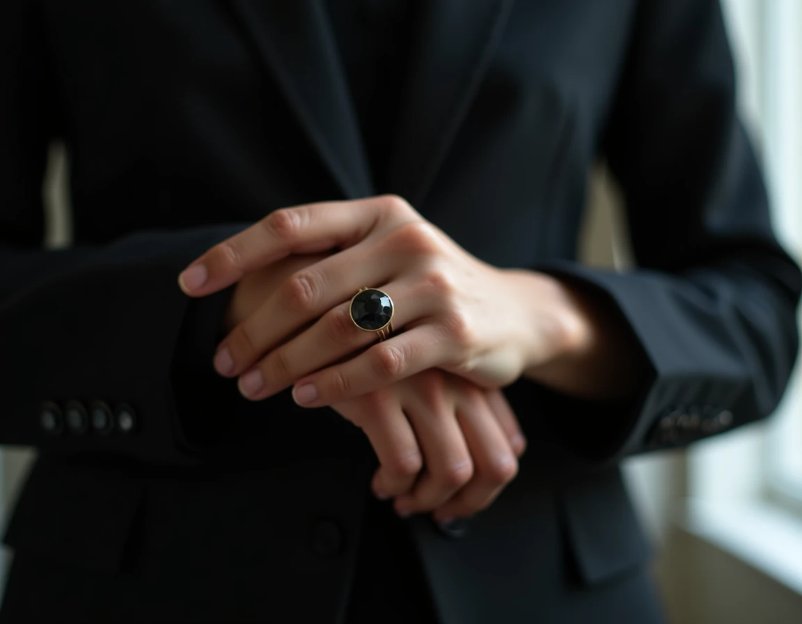 Main portant une bague ornée d'une pierre noire