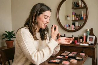Jeune femme swatchant un rouge à lèvres abordable devant une coiffeuse chargée de produits de maquillage pas cher
