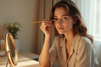 Jeune femme aux yeux marron verts appliquant un fard à paupières cuivré devant un miroir dans un appartement parisien moderne, maquillage tendance 2026