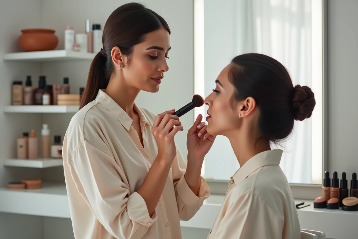 Maquilleuse professionnelle marocaine appliquant du fond de teint sur une cliente dans un studio de beauté à Marrakech