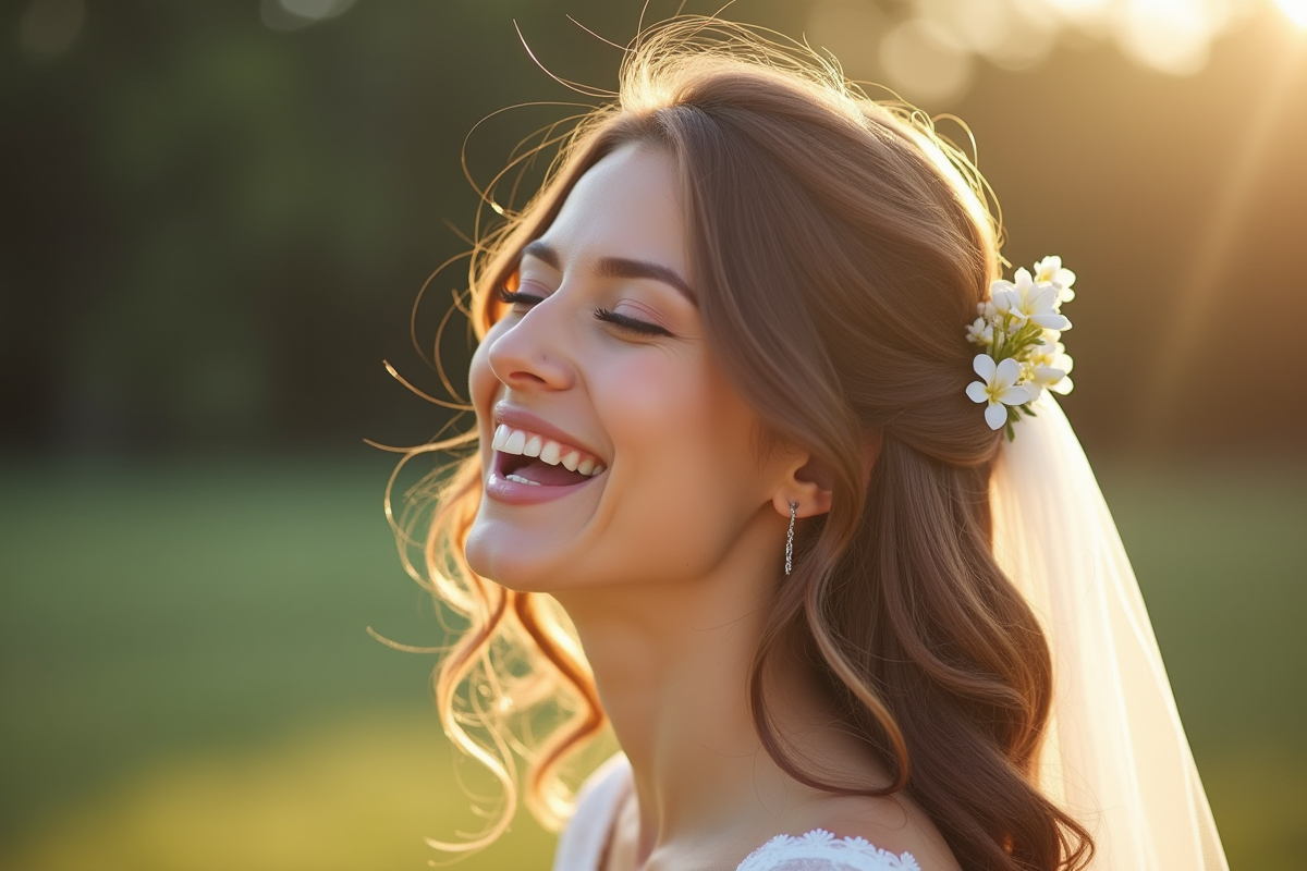 Mariée en plein air souriante avec accessoires floraux