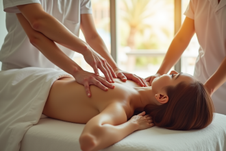 Personne recevant un massage collectif dans une clinique moderne