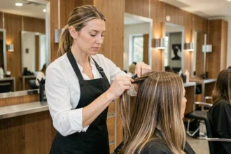 Coiffeuse professionnelle coupant les cheveux d'une cliente dans un salon moderne et élégant des Yvelines