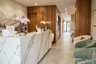 Réception élégante d'un institut de beauté en Auvergne-Rhône-Alpes avec comptoir en marbre, fleurs orchidées et produits de soin