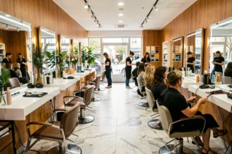 Vue panoramique d'un salon de coiffure moderne dans les Hauts-de-Seine avec plusieurs coiffeurs au travail