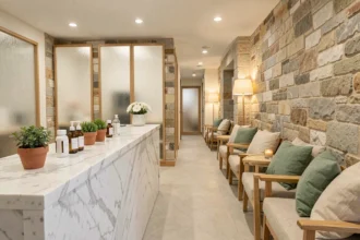 Réception accueillante d'un institut de beauté dans les Côtes-d'Armor avec décoration naturelle et produits de soin