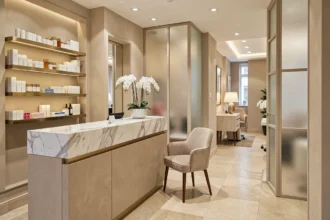 Intérieur élégant d'un institut de beauté parisien avec comptoir en marbre, orchidées blanches et produits de soin haut de gamme