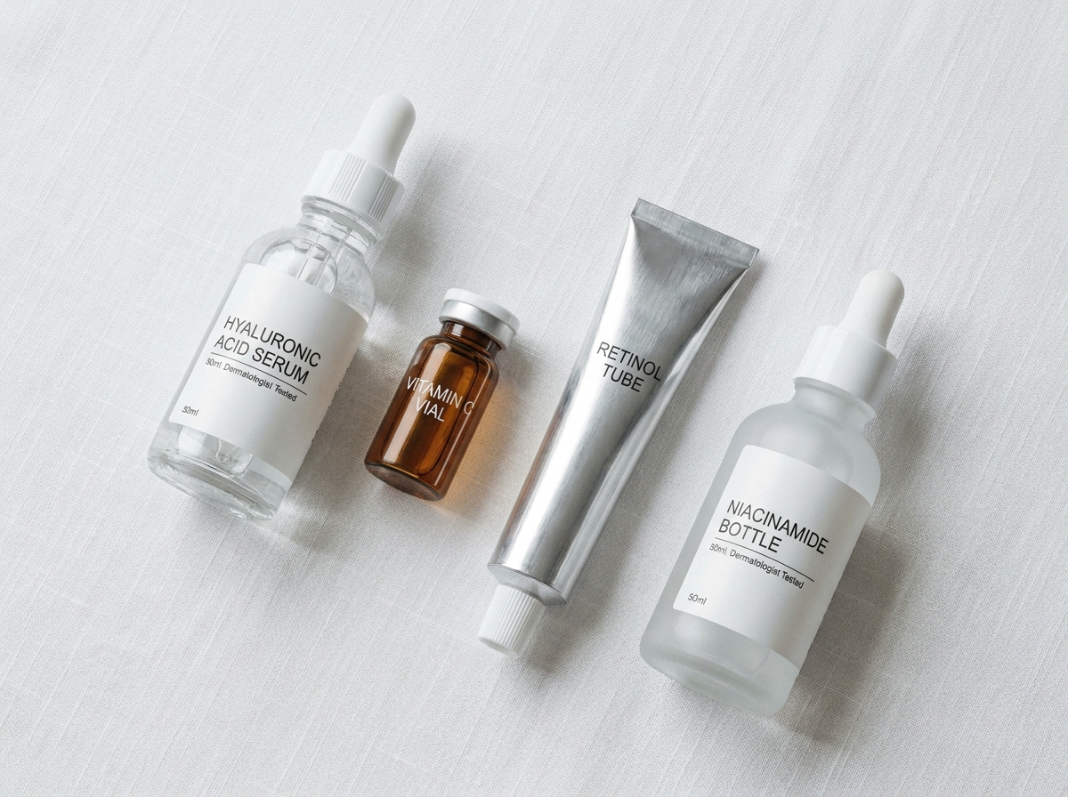 Disposition de produits de soin à comparer avec un sérum à l'acide hyaluronique sur fond de lin blanc