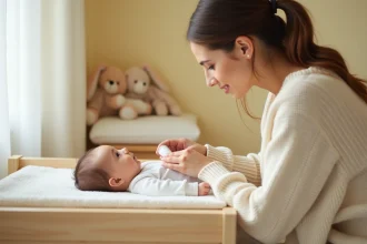 Mère appliquant de la crème hydratante Biolane sur le visage de son nourrisson dans une chambre de bébé pastel
