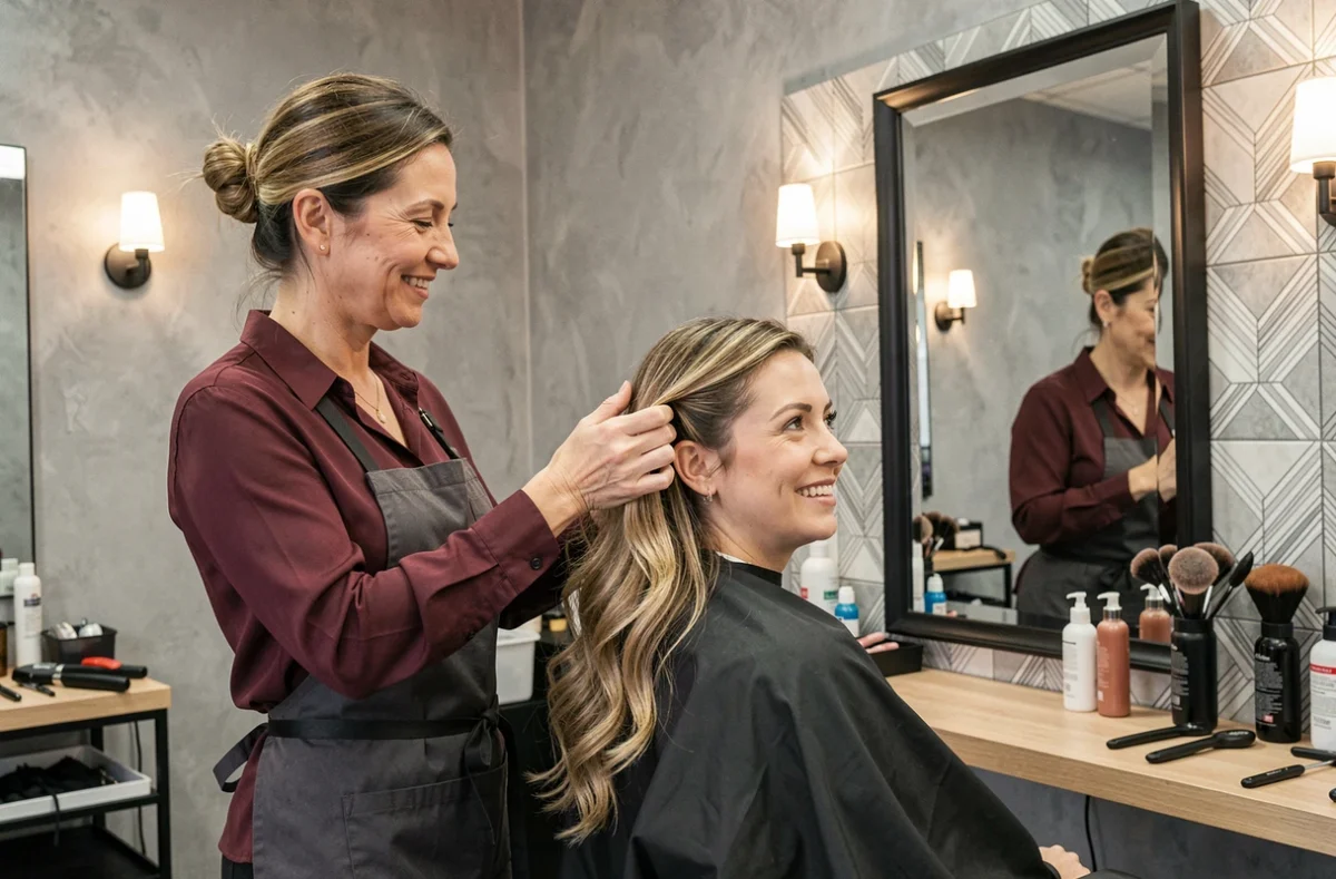 Coiffeuse présentant une transformation capillaire réussie à une cliente visiblement ravie dans un salon stylé à Malakoff