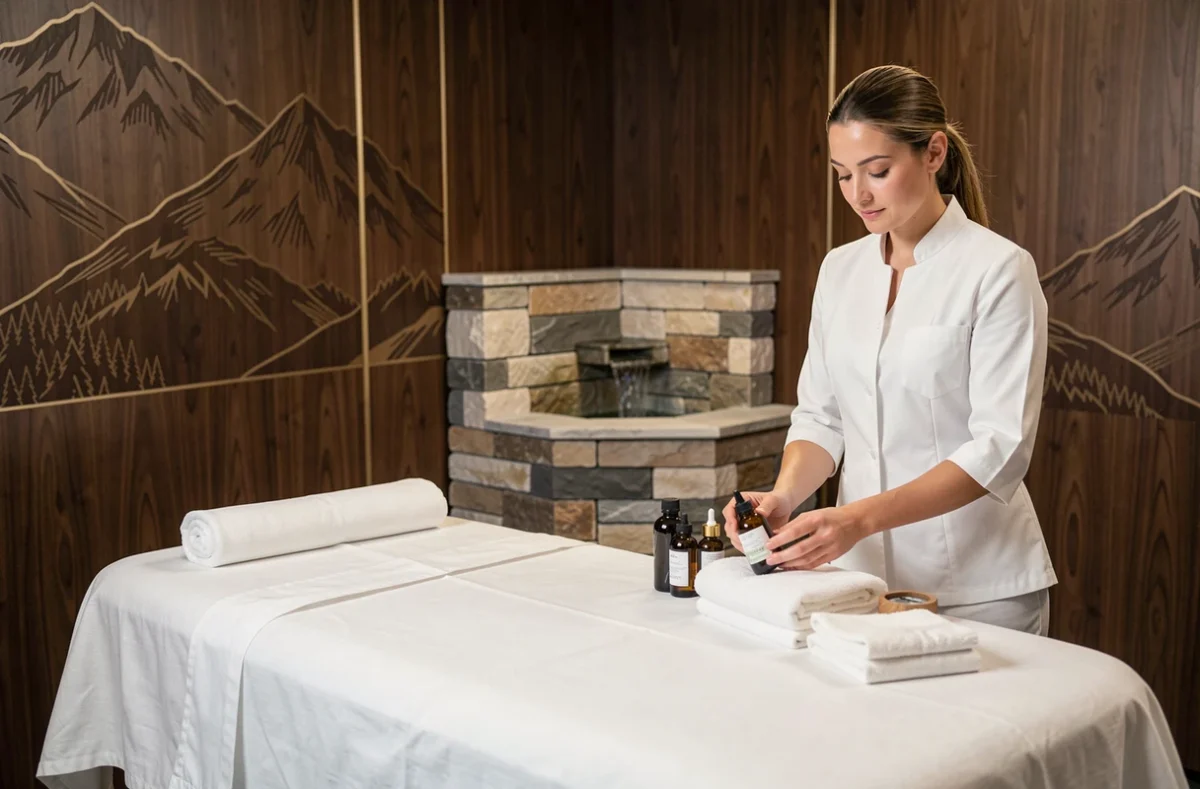 Salle de soin luxueuse du Millésime Spa à Saint-Ismier avec table de massage en lin et esthéticienne en uniforme blanc