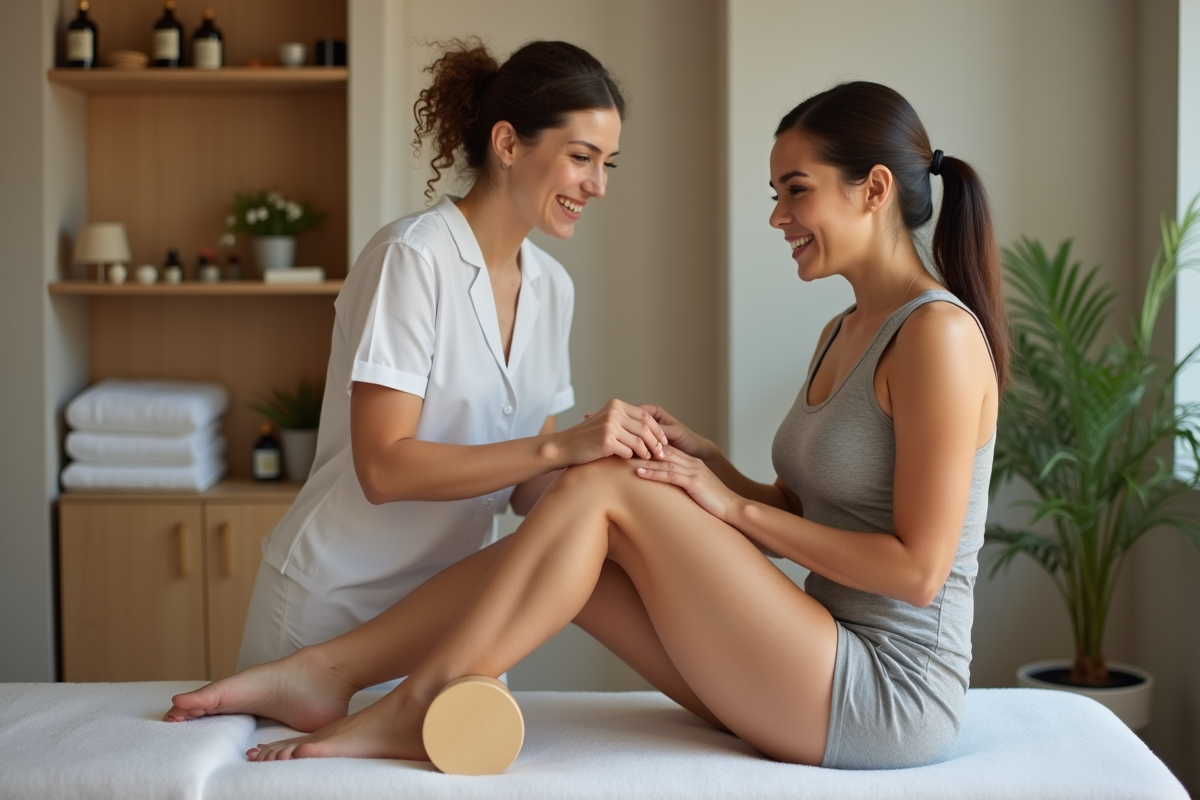 Femme souriante recevant un massage avec rouleau en bois dans une clinique bien-être