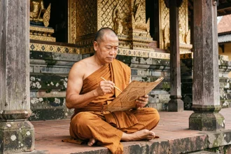 Moine bouddhiste thaïlandais examinant un manuscrit de tatouage sacré Sak Yant sur les marches d'un temple à Chiang Mai