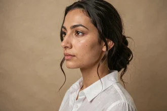 Profil d'une jeune femme aux traits méditerranéens illustrant le nez grec et les canons de beauté classiques