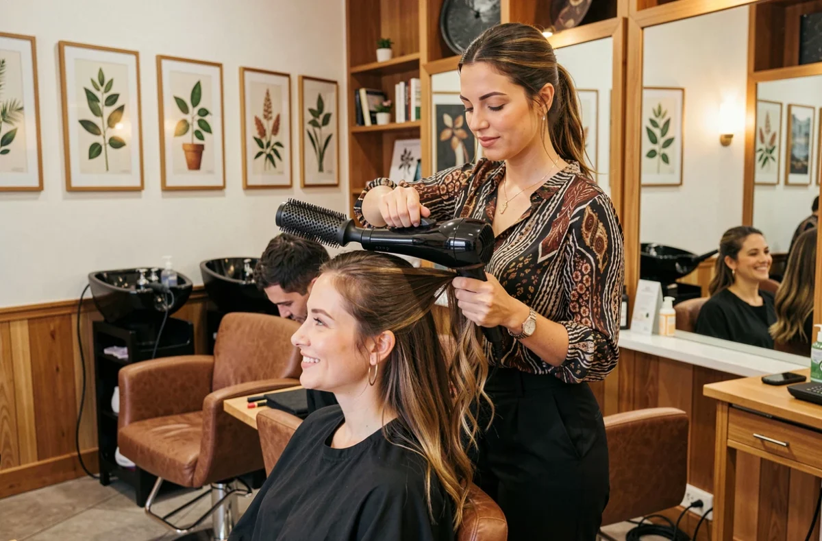 Coiffeuse réalisant un brushing soigné dans un salon mixte accueillant à Antony