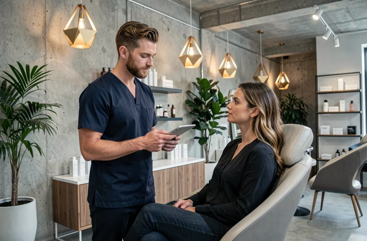 Thérapeute consultant une cliente dans l'espace beauté et bien-être moderne et tendance du centre Octane à Paris