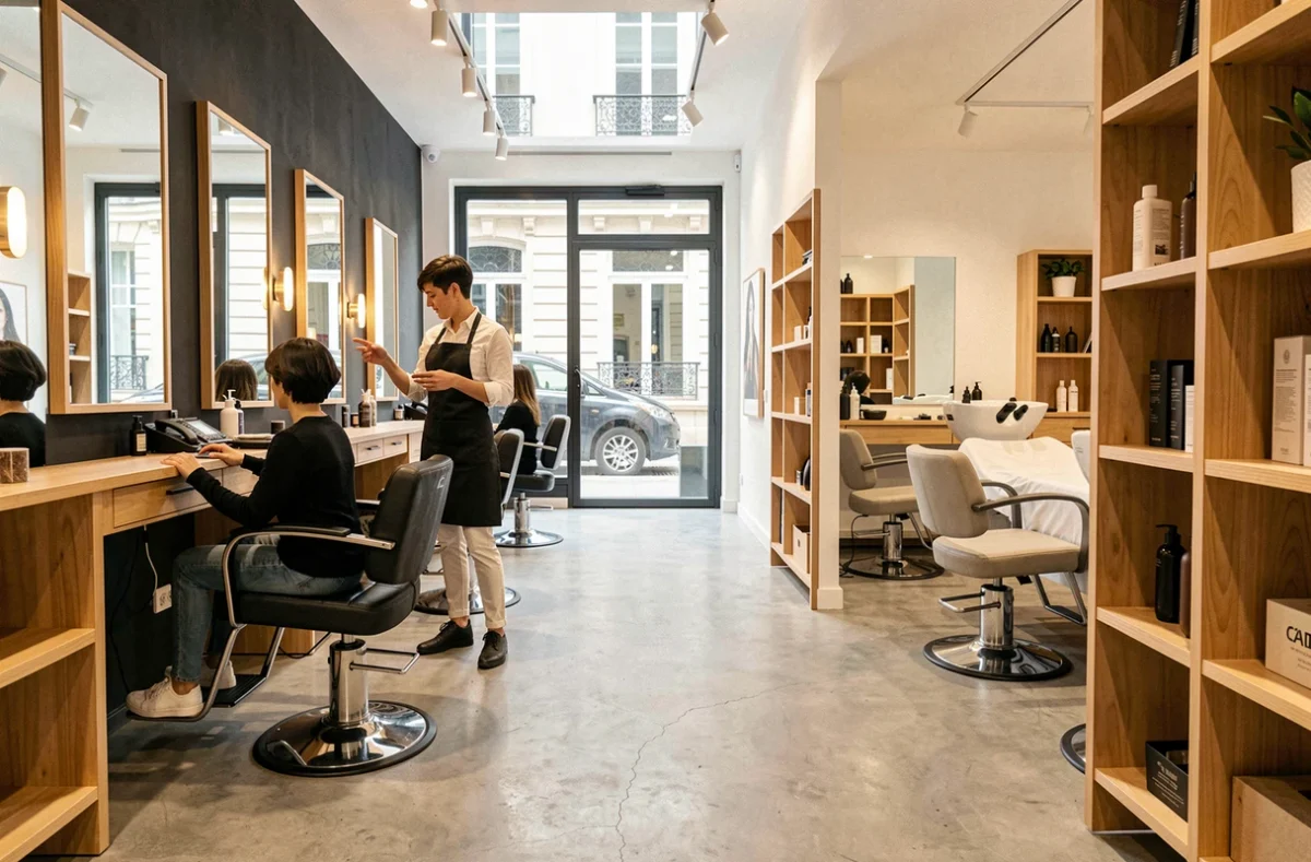 Espace combiné coiffure et esthétique d'Onhair à Lyon 7e avec stations de coiffage miroir et zone de soins esthétiques