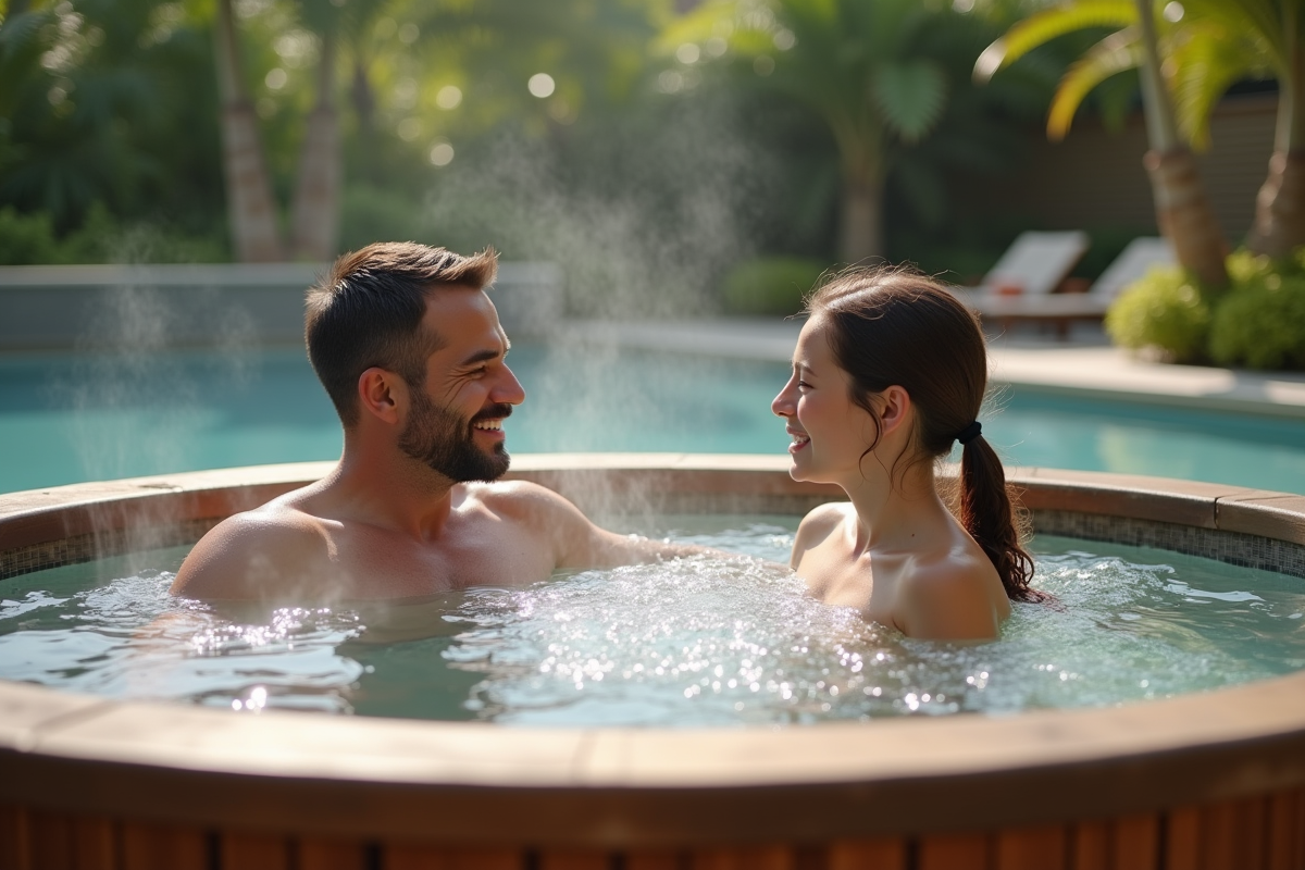 Père et fille dans un spa extérieur familial