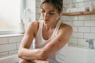 Jeune femme retirant délicatement des peaux mortes après un coup de soleil sur l'avant-bras, assise au bord d'une baignoire dans une salle de bain moderne