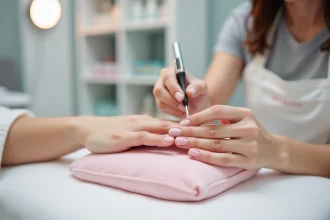 Technicienne en onglerie appliquant la technique de pinçage sur un ongle en gel avec un outil de pinçage professionnel dans un salon moderne