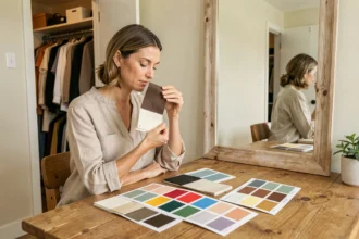 Femme préparant son relooking avec des échantillons de couleurs et de tissus devant un miroir de coiffeuse