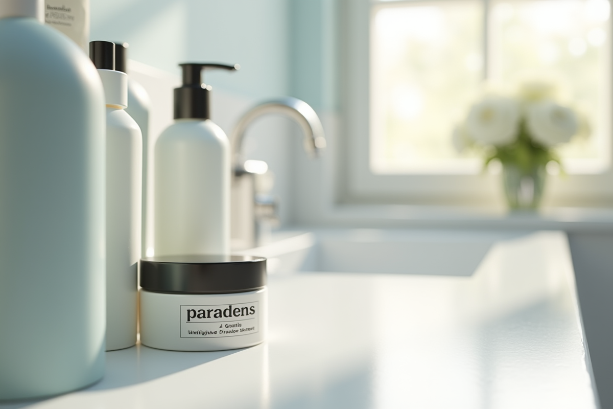 Produits cosmétiques sur un comptoir de salle de bain avec étiquette parabens