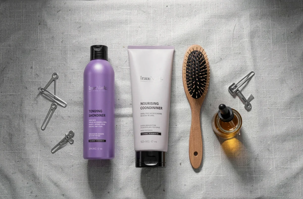 Produits de soin essentiels pour cheveux blended grey disposés en flat lay sur lin gris