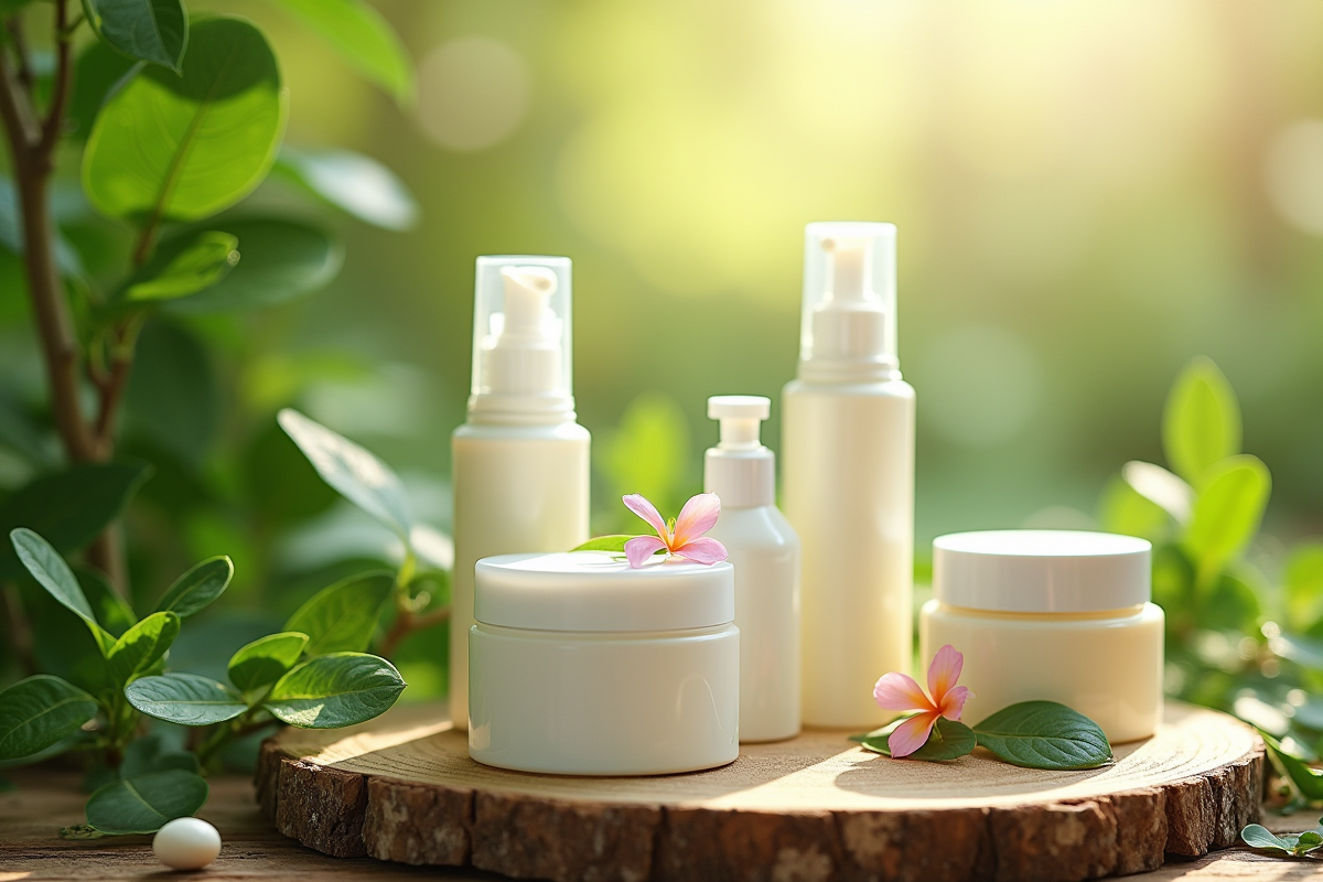 Produits de soins écologiques sur surface en bois avec feuilles vertes