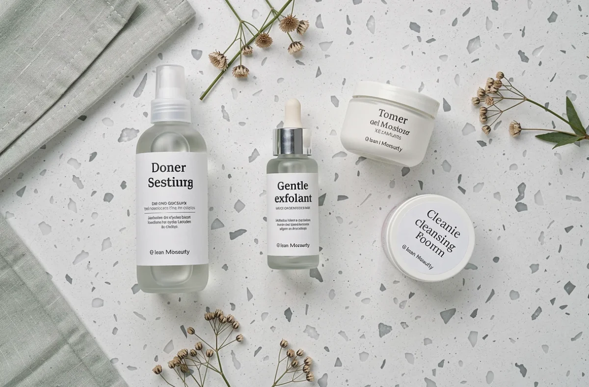 Routine anti-imperfections Typology : produits de soin pour peau acnéique disposés en flat lay sur terrazzo blanc