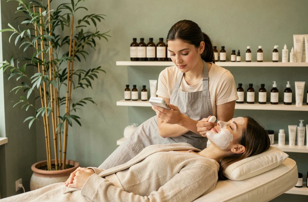 Esthéticienne appliquant un masque facial à une cliente dans le cadre chaleureux de Quiétude Lieu de Bien-Être à Aubière