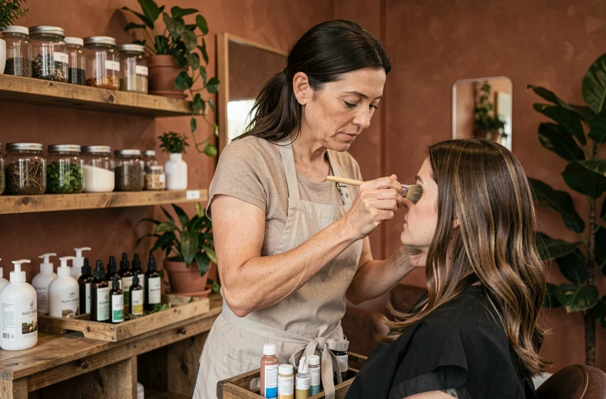 Coloriste végétalienne appliquant une couleur bio naturelle à base de plantes dans un salon éco-responsable à Nanterre