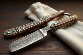 Rasoir droit de collection vintage posé sur bois de noyer avec lames gravées et manches en celluloïd écaille, vue de dessus