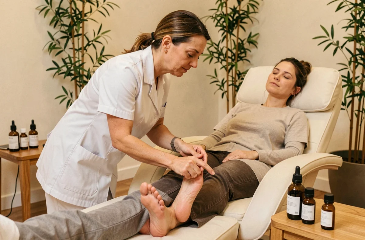 Réflexologue pratiquant un massage réflexologie plantaire sur une cliente détendue dans le cabinet apaisant Repos des Pieds et Corps dans le 5e arrondissement de Paris