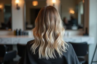 Femme en salon de coiffure avec repousse blanche visible sur balayage caramel, vue de dos