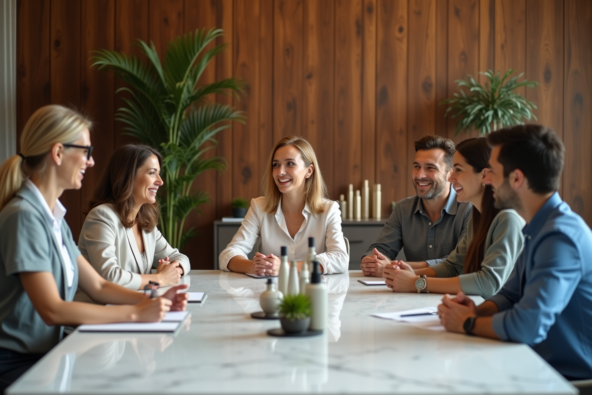 Groupe de professionnels de la beauté en réunion dans une salle moderne