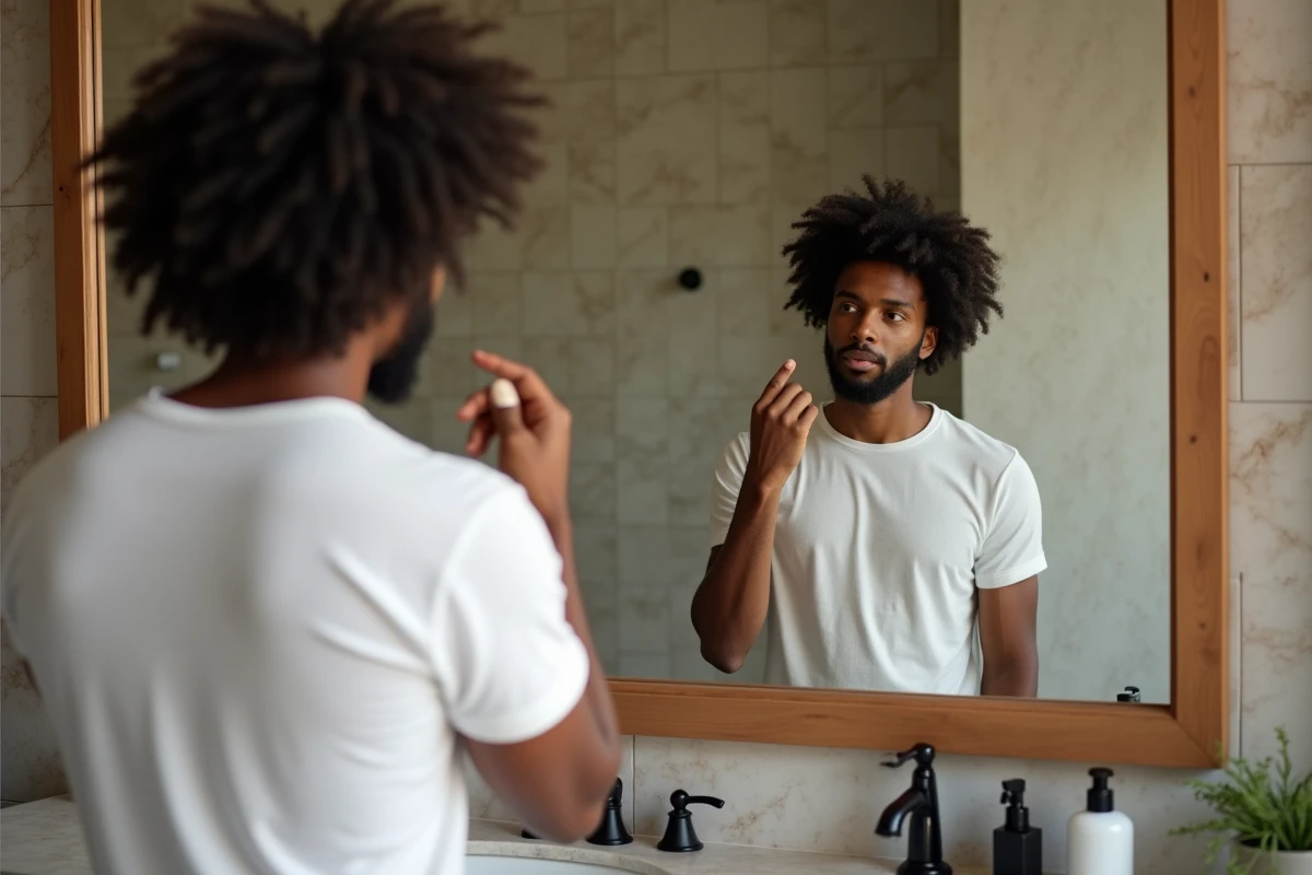 Homme aux cheveux bouclés se coiffant devant le miroir de salle de bain avec crème coiffante