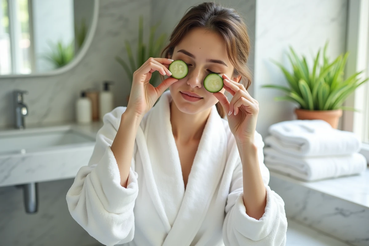 Femme en peignoir blanc appliquant des tranches de concombre sur le visage