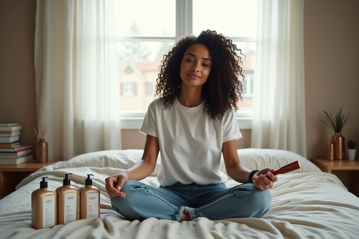 Femme aux boucles définies démêlant ses cheveux avec des produits Olaplex dans une chambre cosy