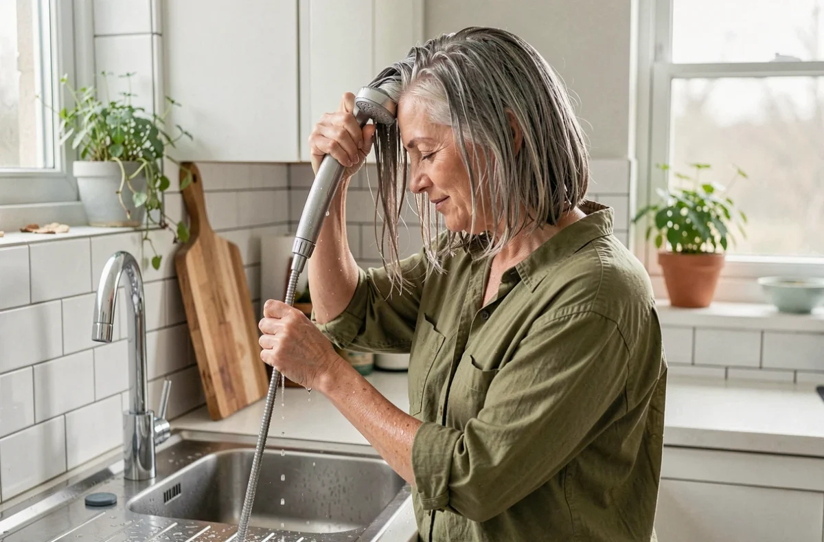 Femme rinçant ses cheveux blended grey naturels au-dessus de l'évier dans sa cuisine