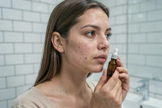 Jeune femme appliquant un sérum Typology anti-imperfections sur peau acnéique dans une salle de bain minimaliste