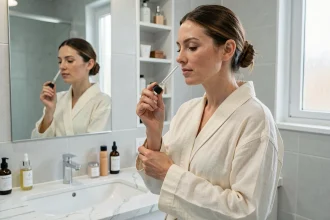 Femme appliquant un sérum visage dans une salle de bain moderne et minimaliste avec des produits de beauté soigneusement disposés