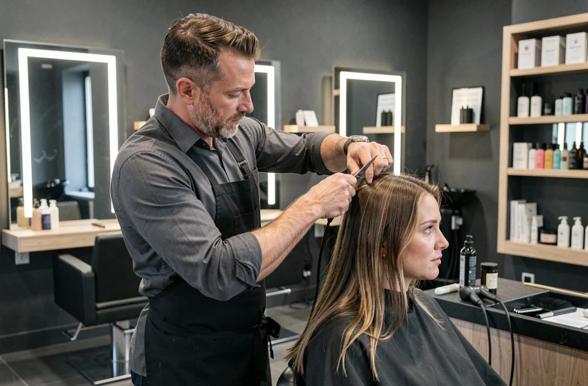 Coiffeur masculin réalisant une coupe précise dans un salon coiffure et beauté moderne à Clichy-la-Garenne