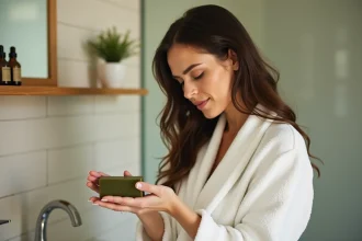Femme appliquant du savon d'Alep sur ses cheveux mouillés dans une salle de bain naturelle